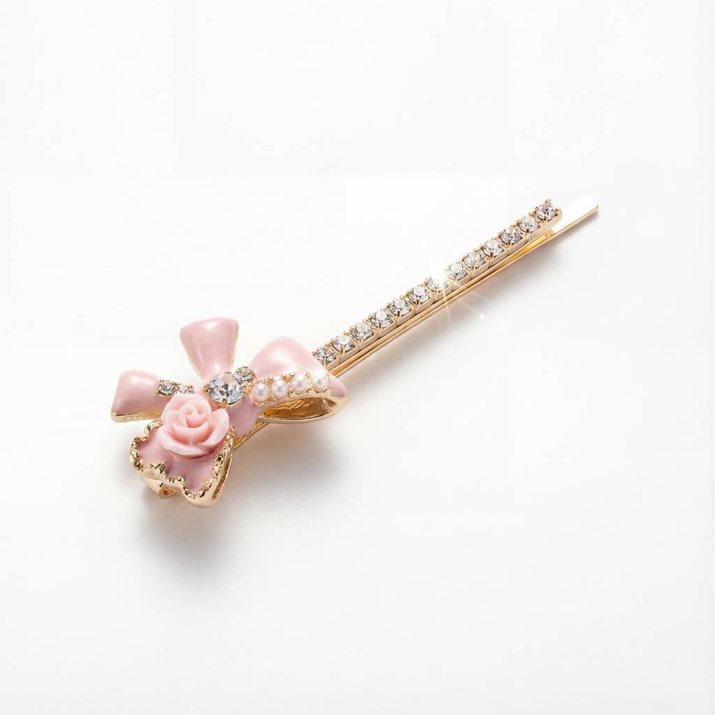 Korean Blush Rose & Crystal Bow Decorative Bobby Pin : YUFSHR209