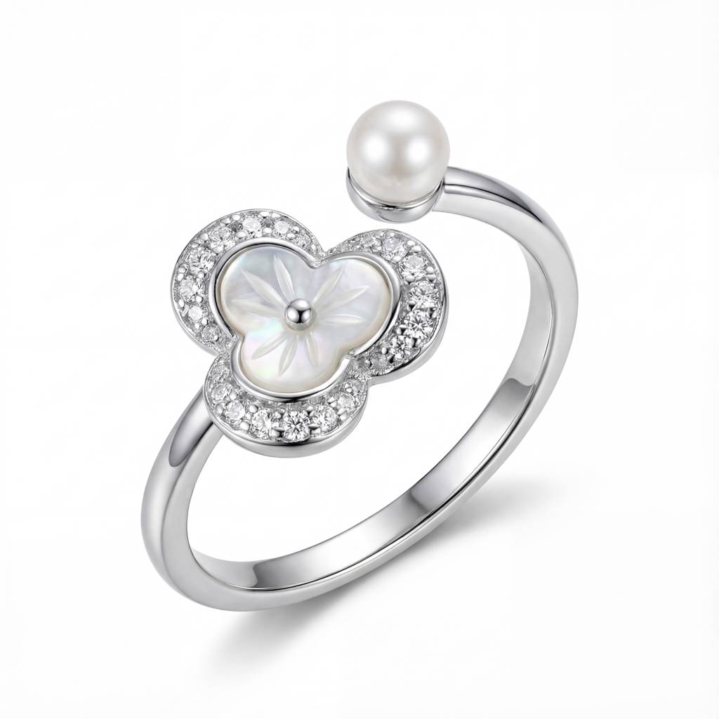Korean Floral Pearl Open Bypass Ring : YUFSRG004-SL