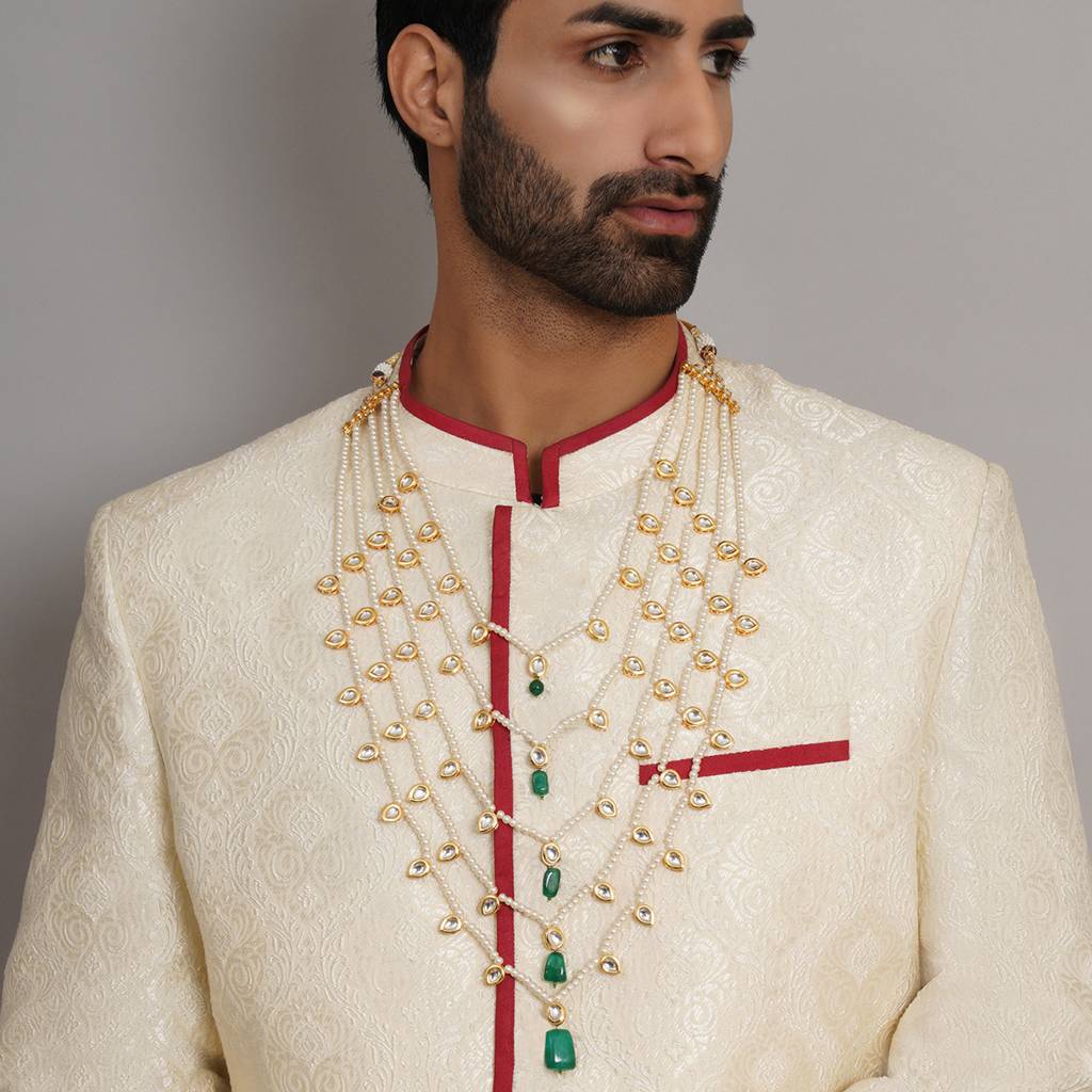 Long Kundan & Pearl Neckpiece With Emeralds : RRMFEB23-41