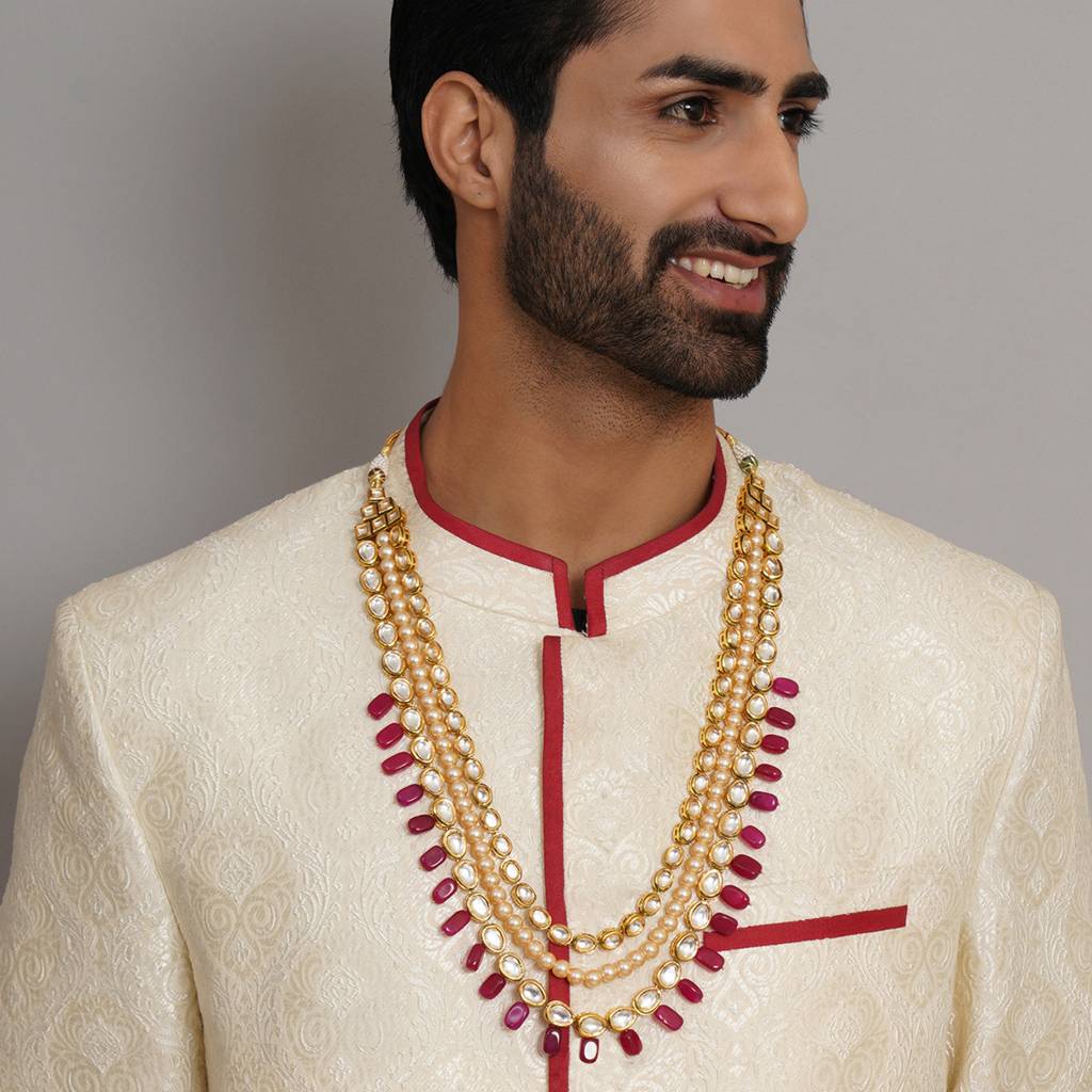 Long Kundan & Pearl Neckpiece With Maroon Stones : RRMFEB23-37