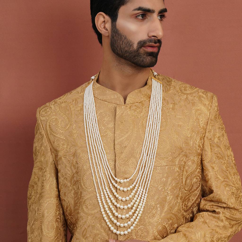 Pearl White Beaded Layered Nekclace For Mens : RRMFEB23-7