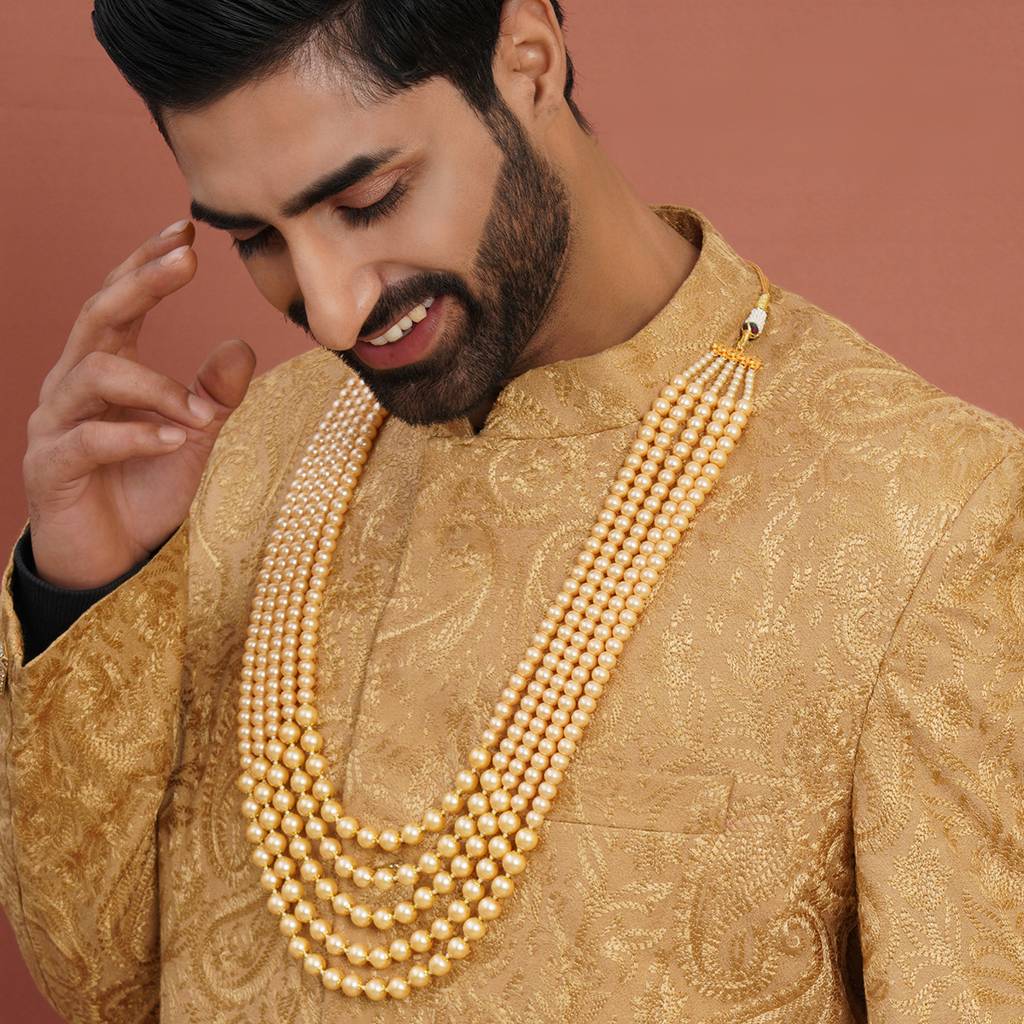 Deep Cream Beaded Layered Necklace For Mens : RRMFEB23-2