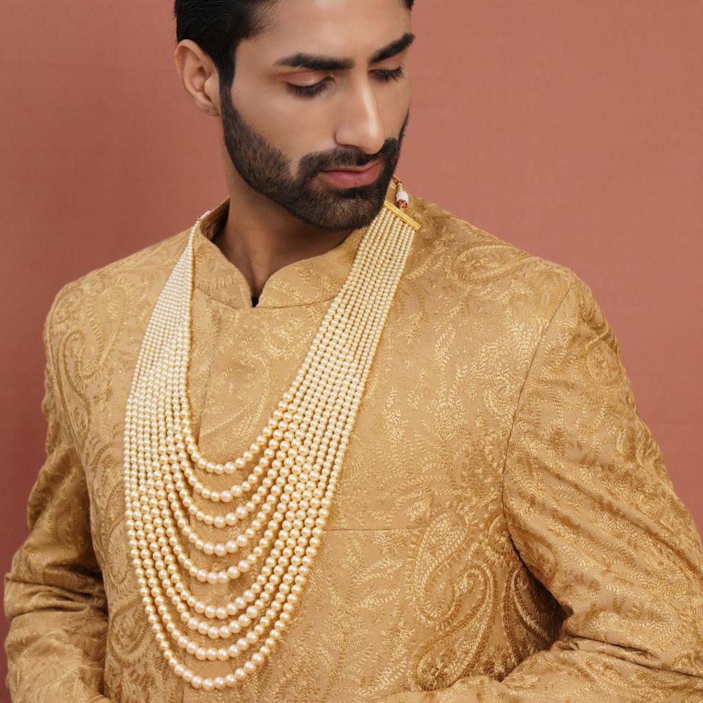 Cream Beaded Layered Necklace For Mens : RRMFEB23-6
