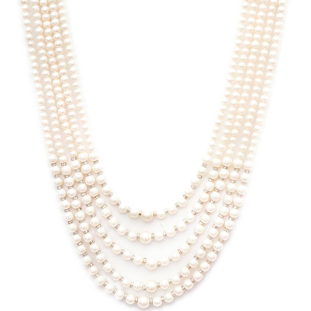 Pearl White And Crystal Beaded Layered Nekclace For Men : RRMFEB23-1