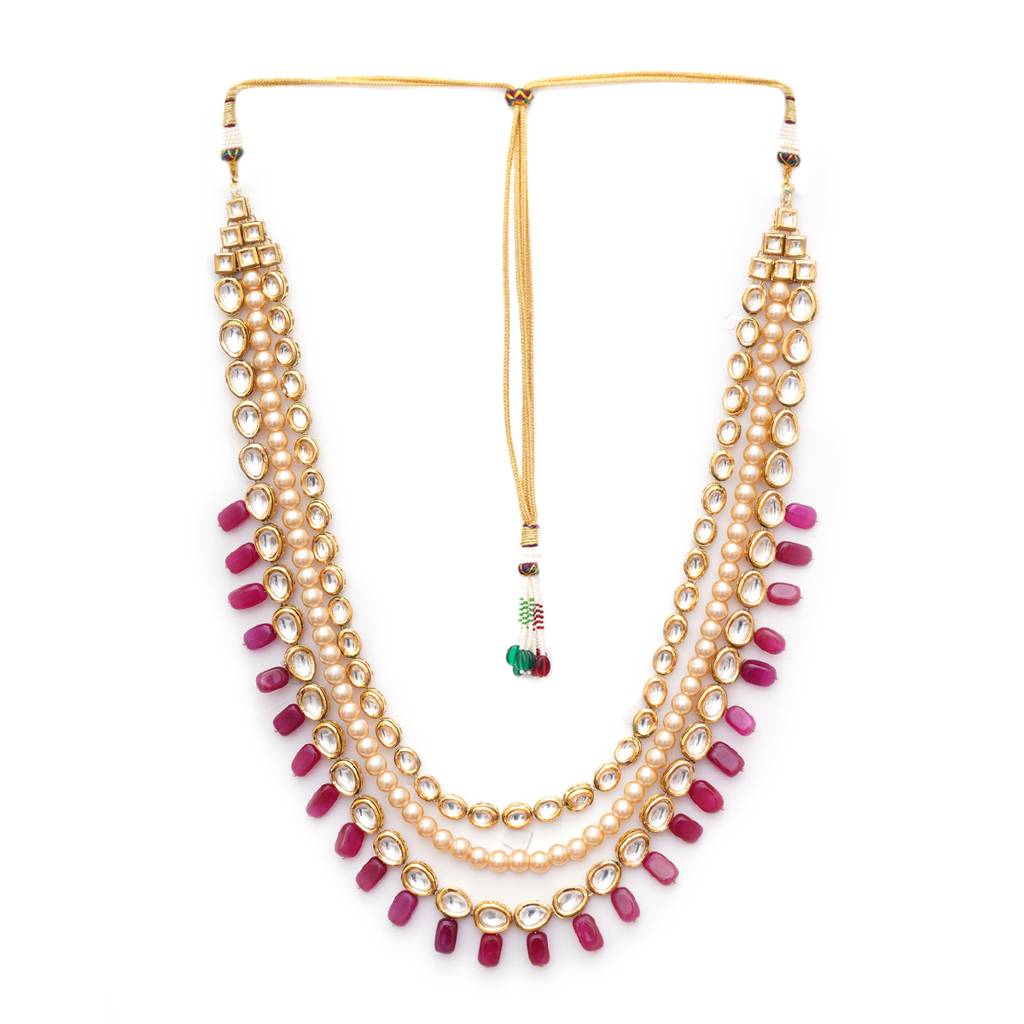 Long Kundan & Pearl Neckpiece With Maroon Stones : RRMFEB23-37