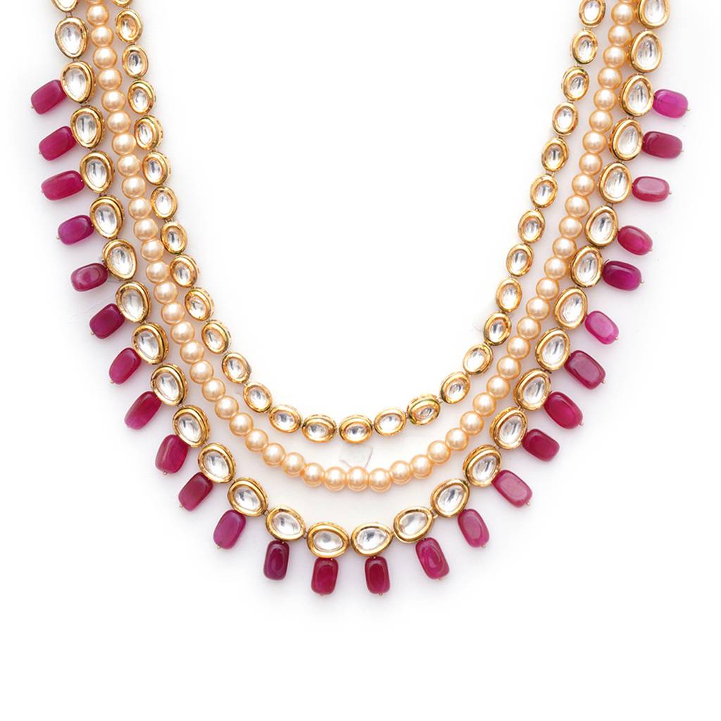 Long Kundan & Pearl Neckpiece With Maroon Stones : RRMFEB23-37