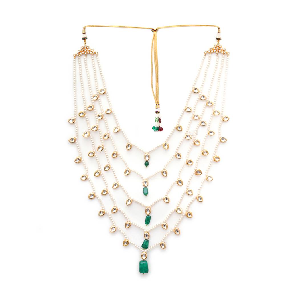 Long Kundan & Pearl Neckpiece With Emeralds : RRMFEB23-41