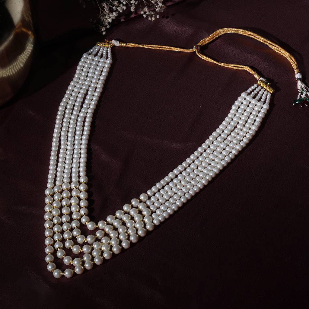 Pearl White And Crystal Beaded Layered Nekclace For Men : RRMFEB23-1