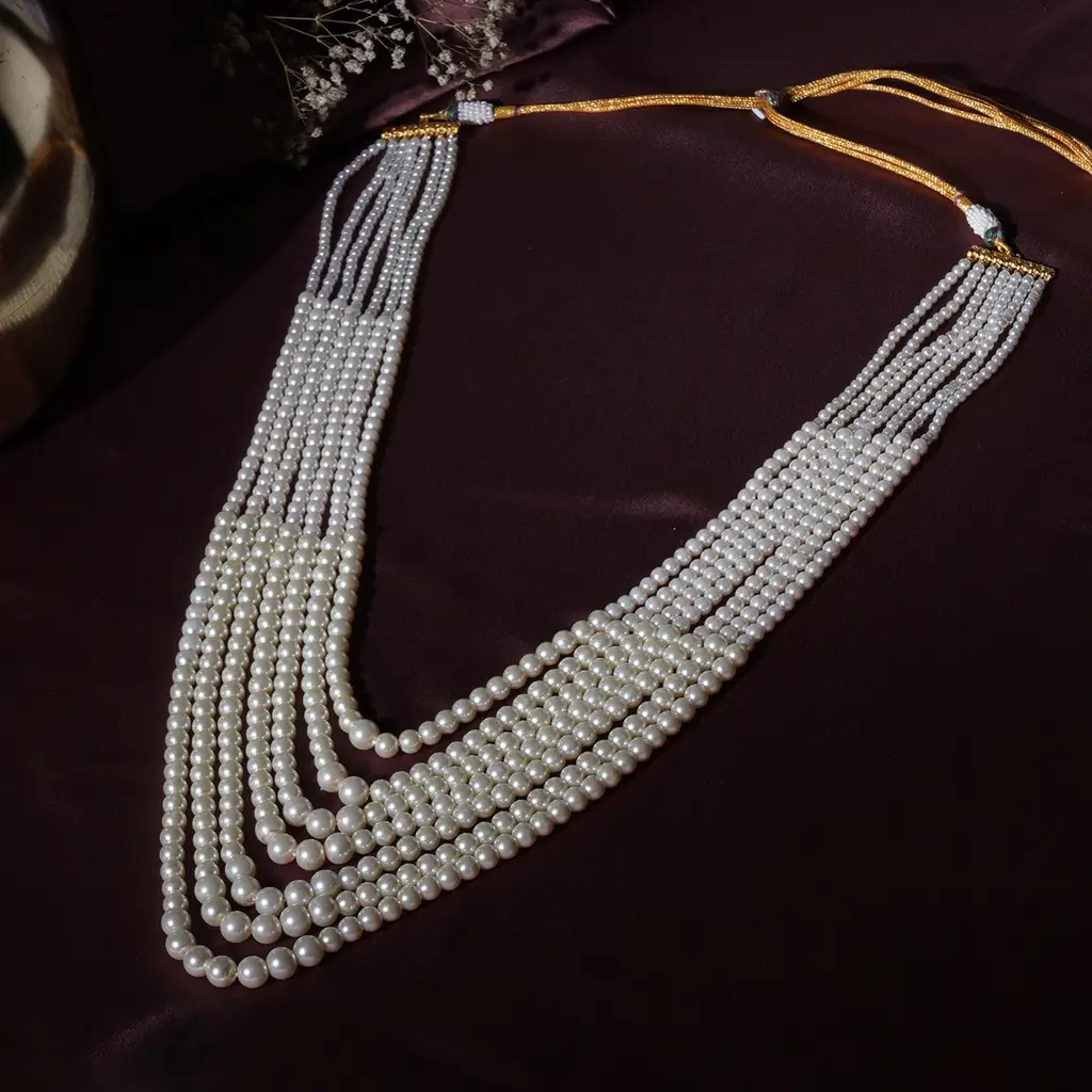 Pearl White Beaded Layered Nekclace For Men : RRMFEB23-3