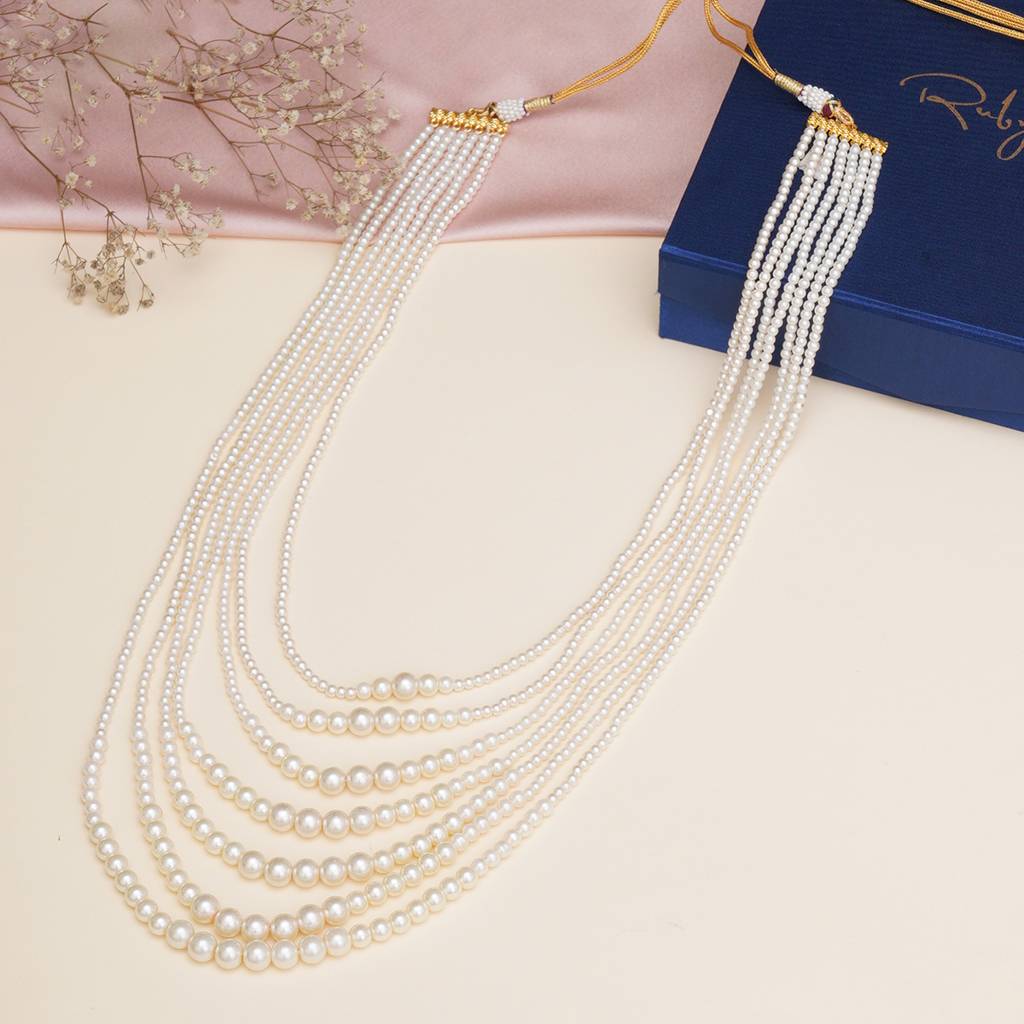 Pearl White Beaded Layered Nekclace For Mens : RRMFEB23-7
