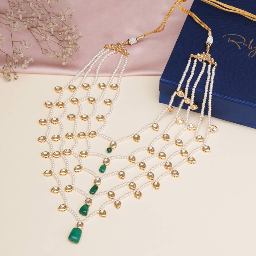 Long Kundan & Pearl Neckpiece With Emeralds : RRMFEB23-41