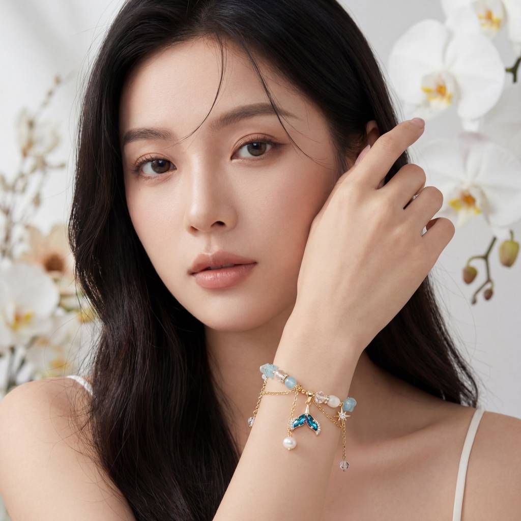 Korean Azure Mermaid & Star Layered Charm Bracelet : YUFSBR222