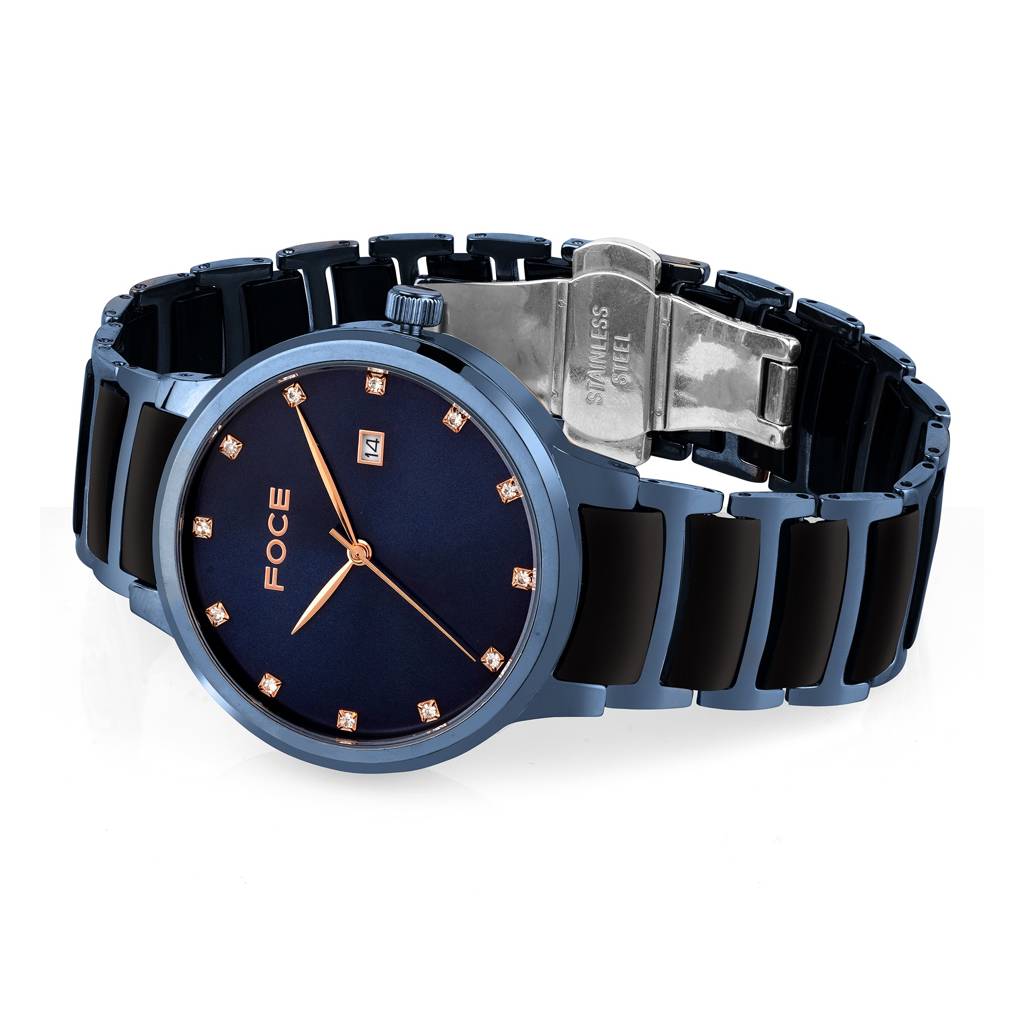 Stainless Steel Wrist Watch For Men, Diamond Studded Dial, Metal/Ceramic Strap, Separate Date, Sapphire Glass, M : FC11648GBL4