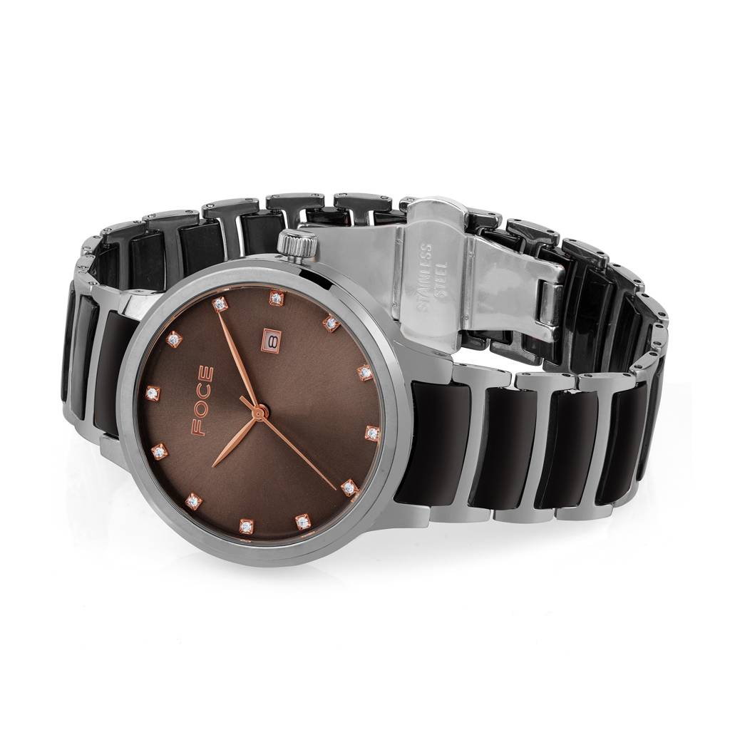 Stainless Steel Wrist Watch For Men, Diamond Studded Dial, Metal/Ceramic Strap, Separate Date, Sapphire Glass, M : FC11648GGR3