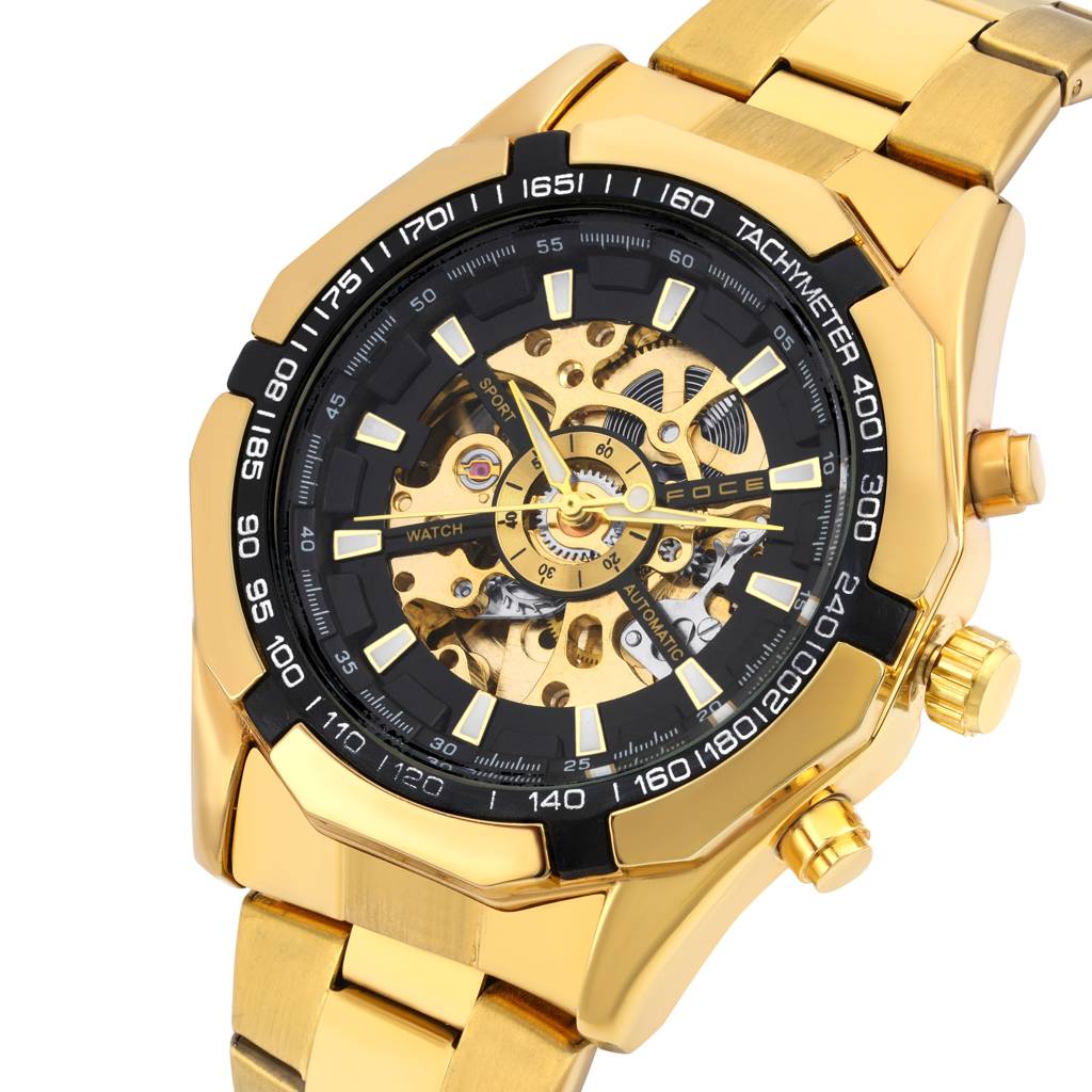 Men’S Automatic Stainless Steel Round Watch – Golden Case & Strap, Black Skeleton Dial, Premium Luxury Analog Wris : FC14EGD08