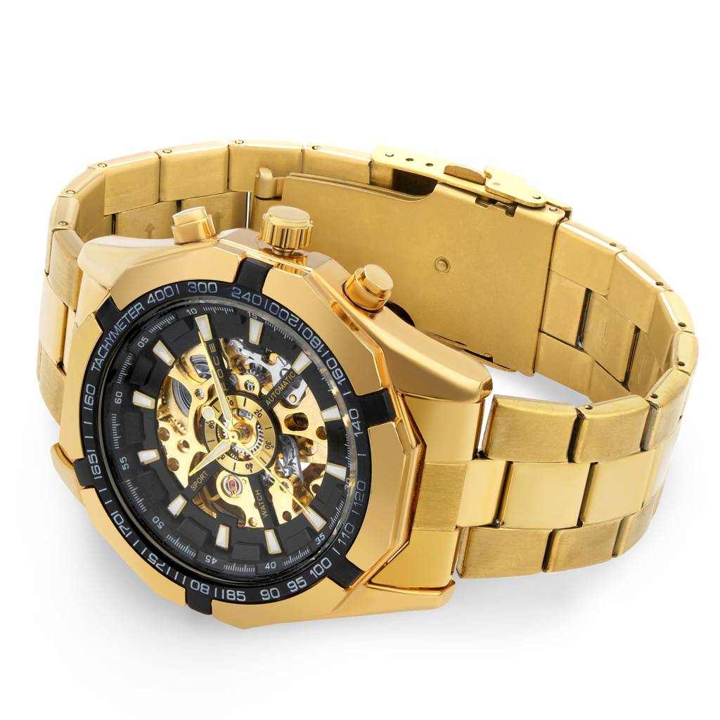 Men’S Automatic Stainless Steel Round Watch – Golden Case & Strap, Black Skeleton Dial, Premium Luxury Analog Wris : FC14EGD08