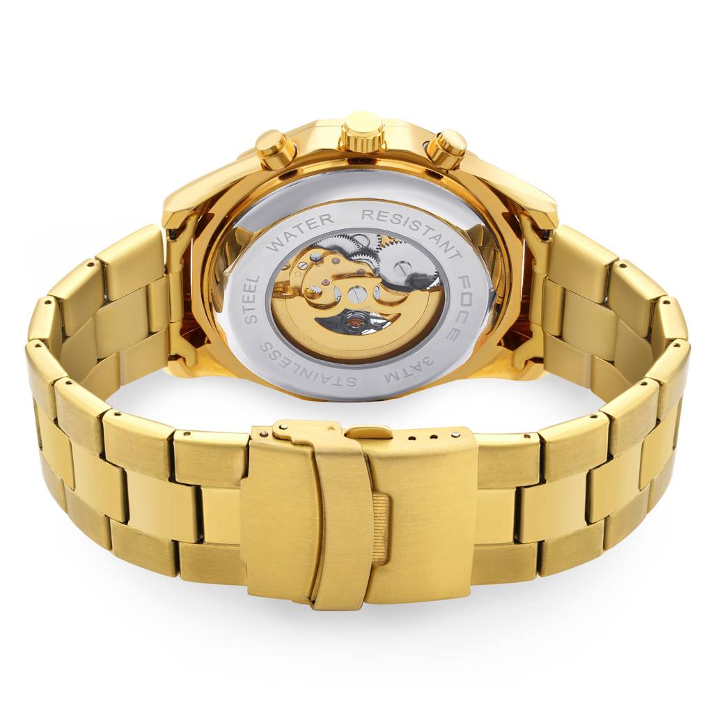 Men’S Automatic Stainless Steel Round Watch – Golden Case & Strap, Black Skeleton Dial, Premium Luxury Analog Wris : FC14EGD08