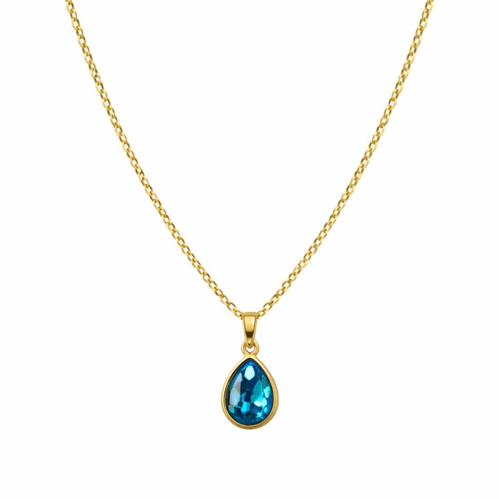 18K Gold Plated Blue Zircon Teardrop Pendant Necklace : RJFSPN78