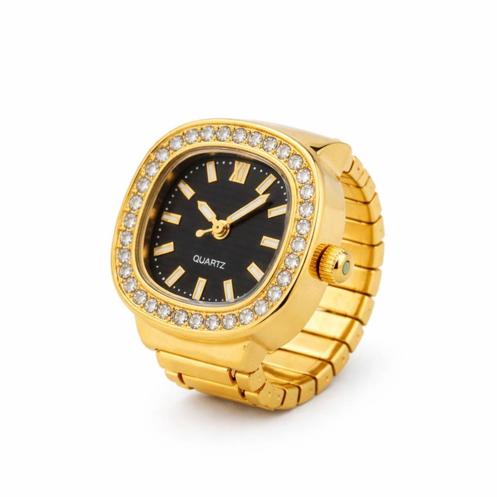 18K Gold Plated Zircon Black Dial Ring Watch : RJFSRG02