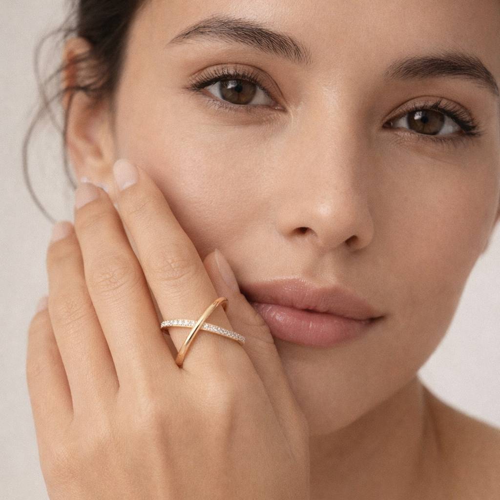 18K Gold Plated X-Cross Cz Criss-Cross Open Ring : RJFSRG16