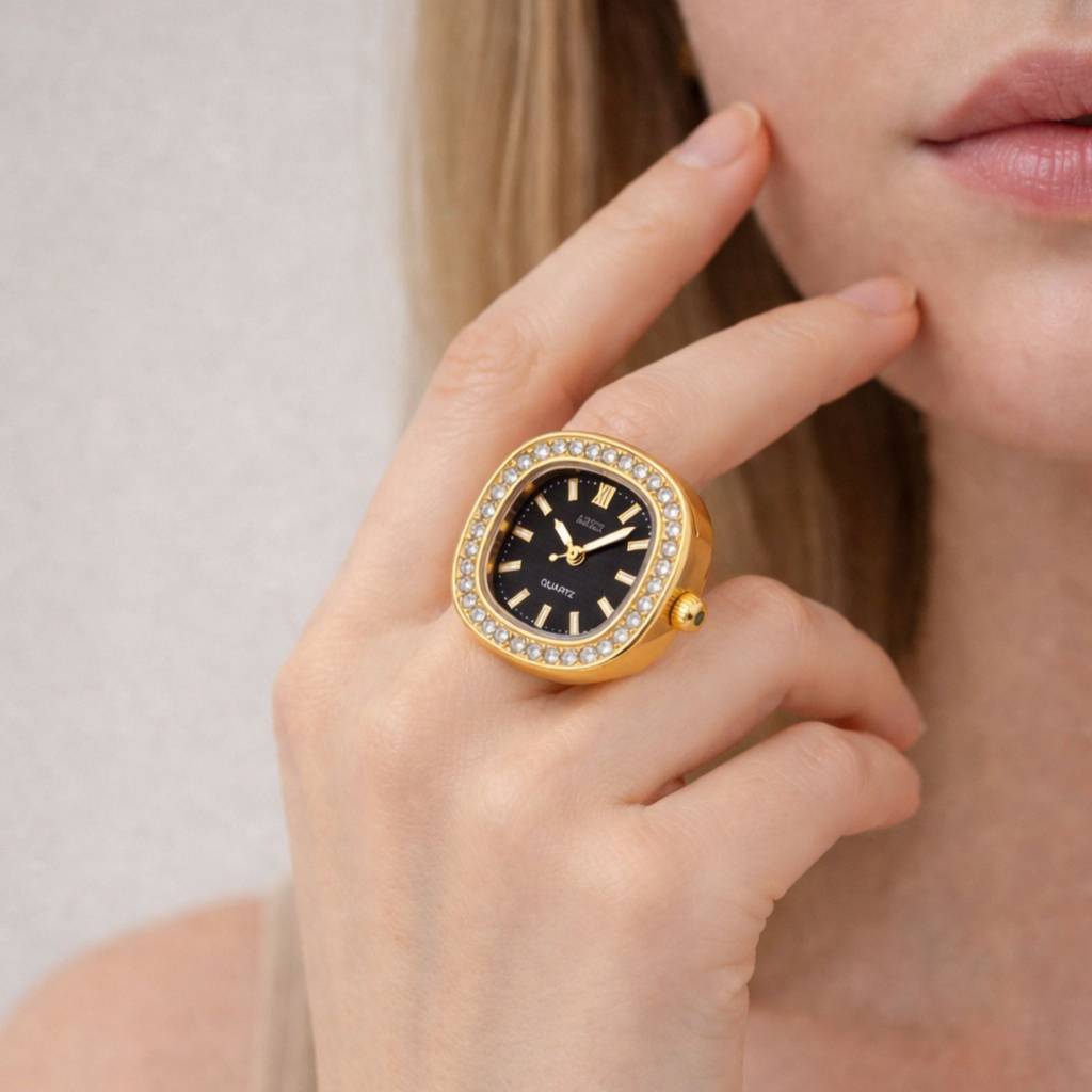 18K Gold Plated Zircon Black Dial Ring Watch : RJFSRG02