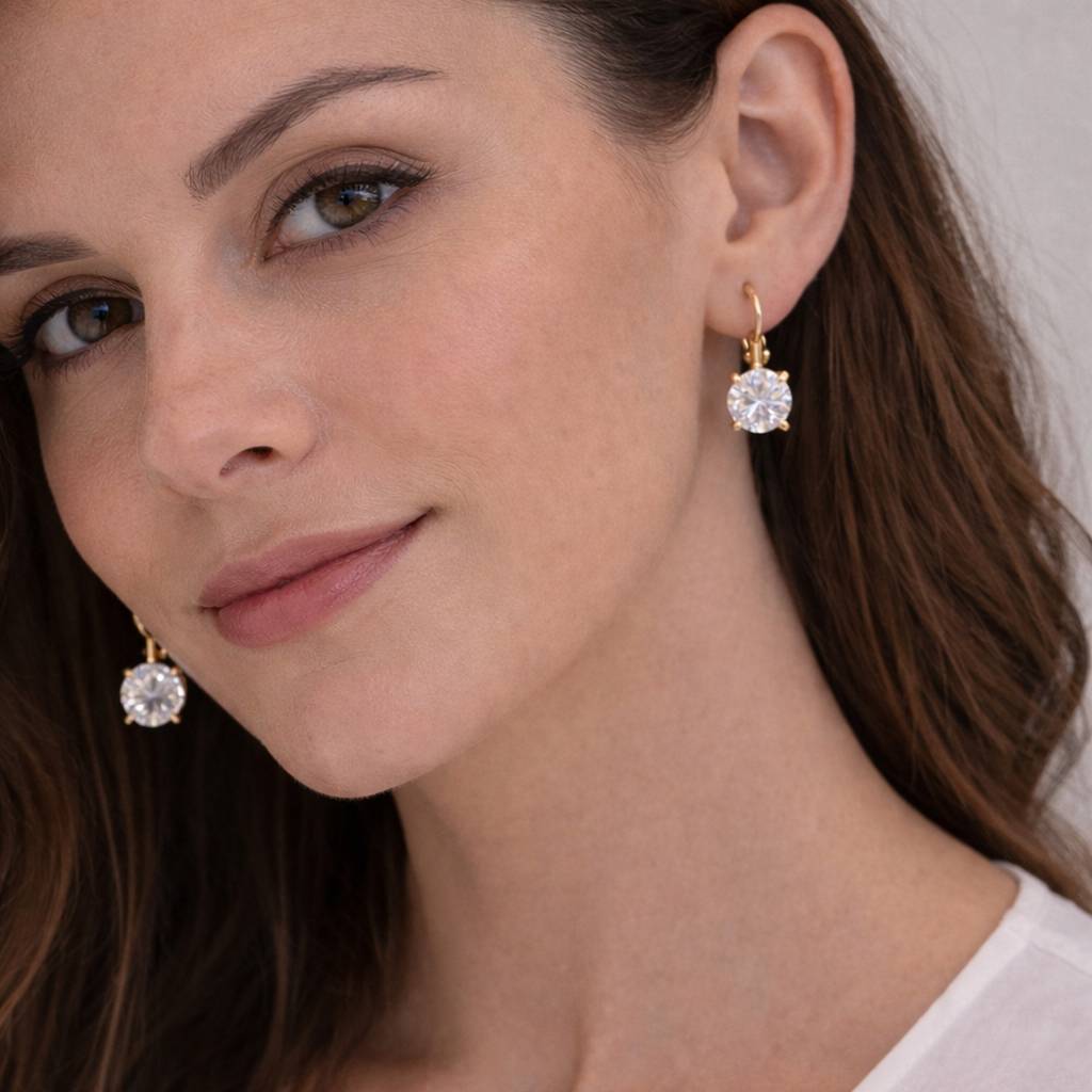 18K Gold Plated Large Round Solitaire Cz Lever-Back Drop Earrings : RJFSER128