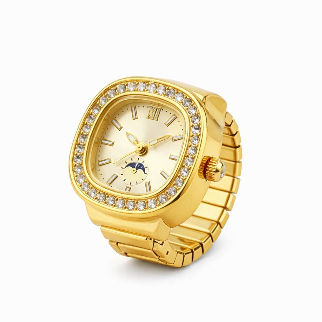 18K Gold Plated Zircon Studded Square Ring Watch : RJFSRG04