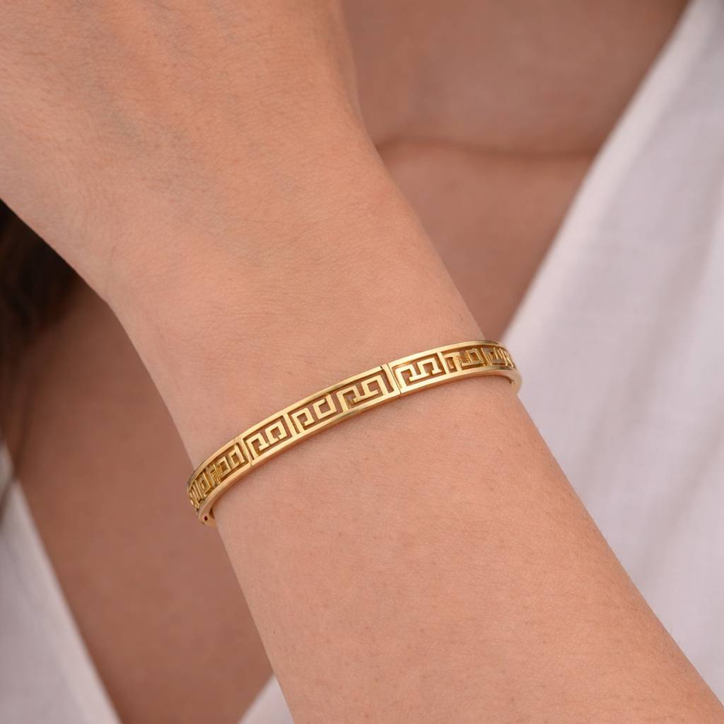 18K Gold Plated Greek Key Cutwork Cuff Bangle : RJFSBR83