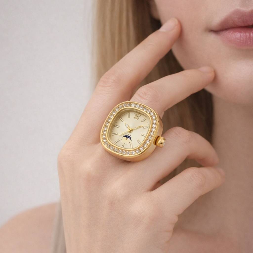 18K Gold Plated Zircon Studded Square Ring Watch : RJFSRG04