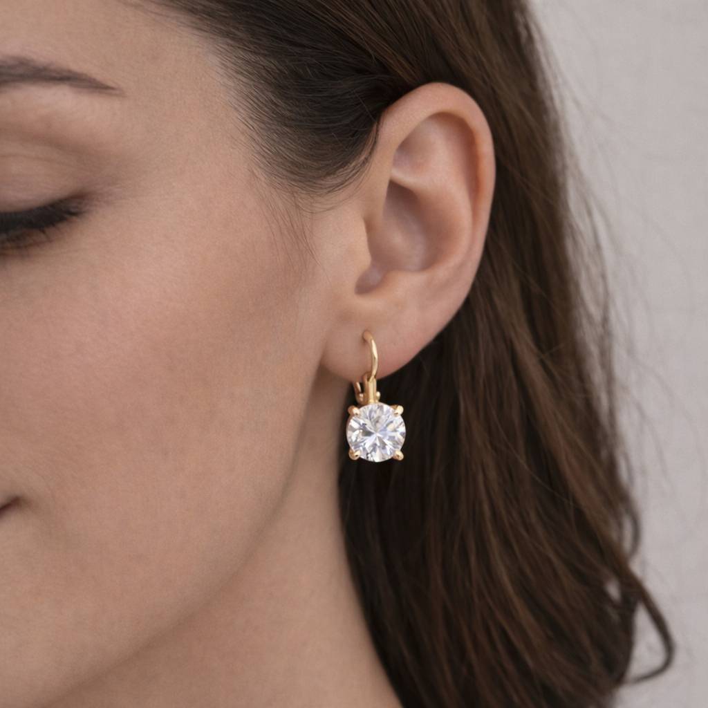 18K Gold Plated Large Round Solitaire Cz Lever-Back Drop Earrings : RJFSER128