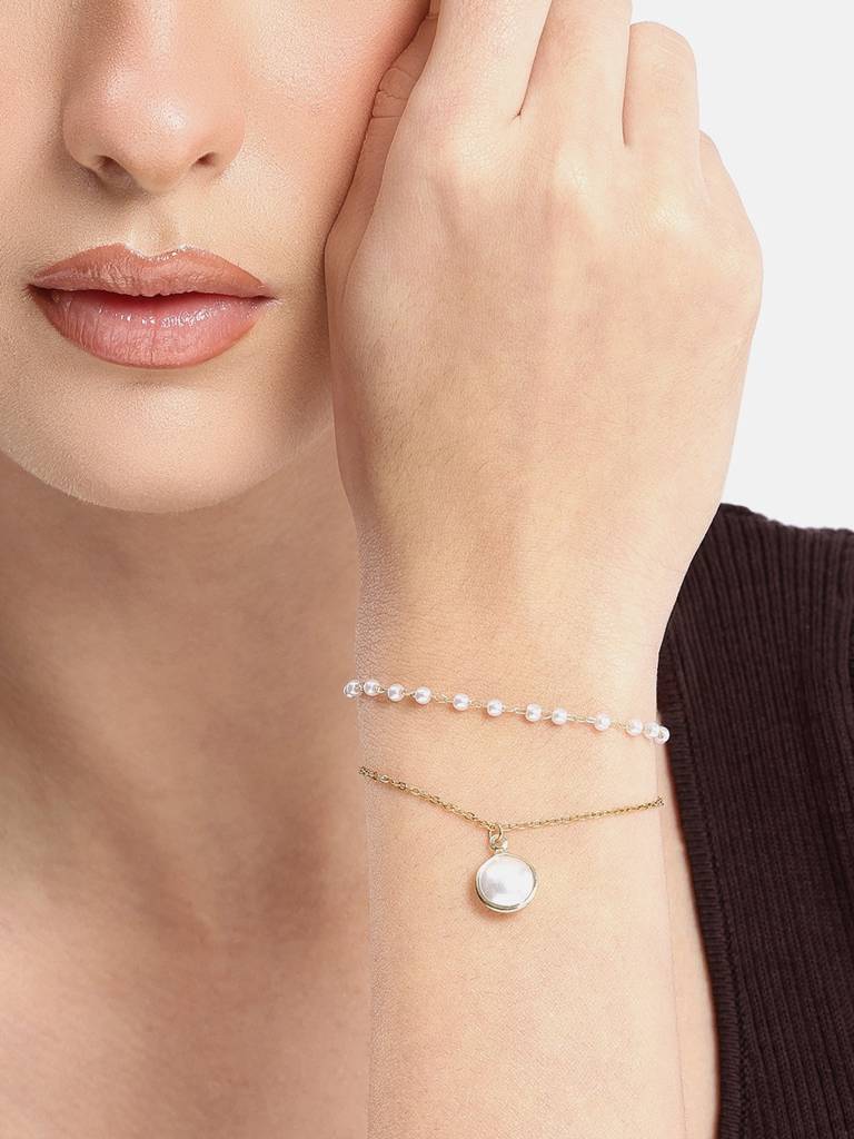 Gold Plated Pearl Double Chain Wraparound Bracelet : FJB5441