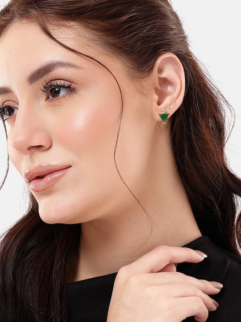 18Kt Gold Plated Cz Emerald Triangular Stud Earring : FJE5359