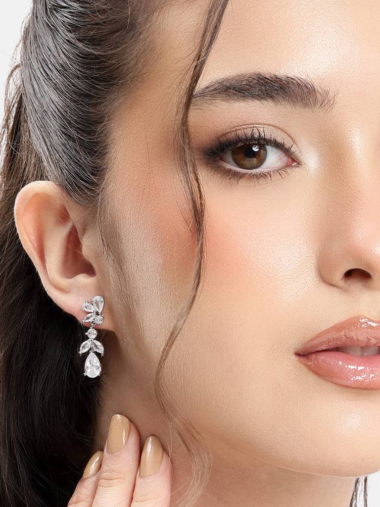 Silver Plated Cz Leaf Drop Statement Earring : FJE5462