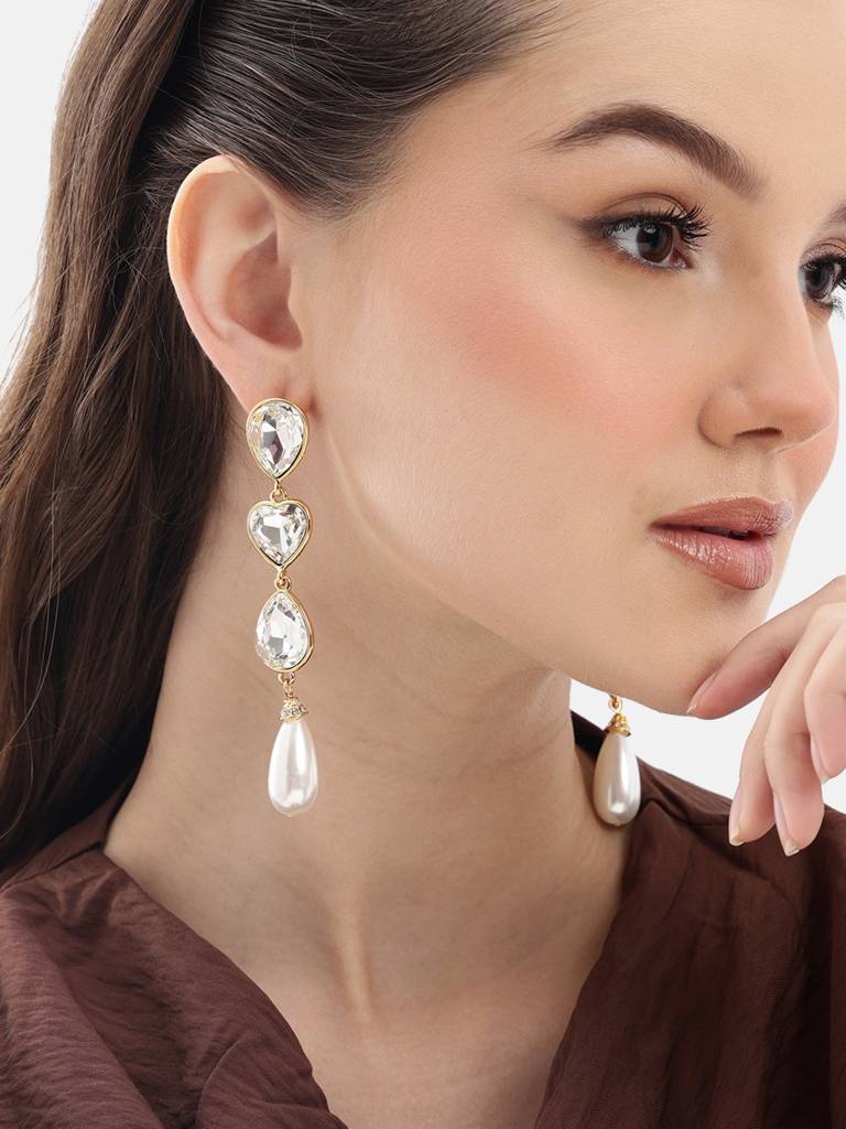 Premium 18Kt Gold Plated Crystal And Pearl Drop Earring : FJE5647
