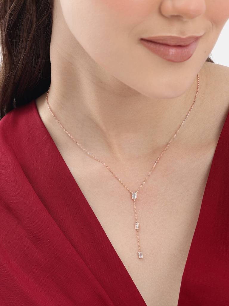 18Kt Rose Gold Plated Cz Lariat Necklace : FJN5427
