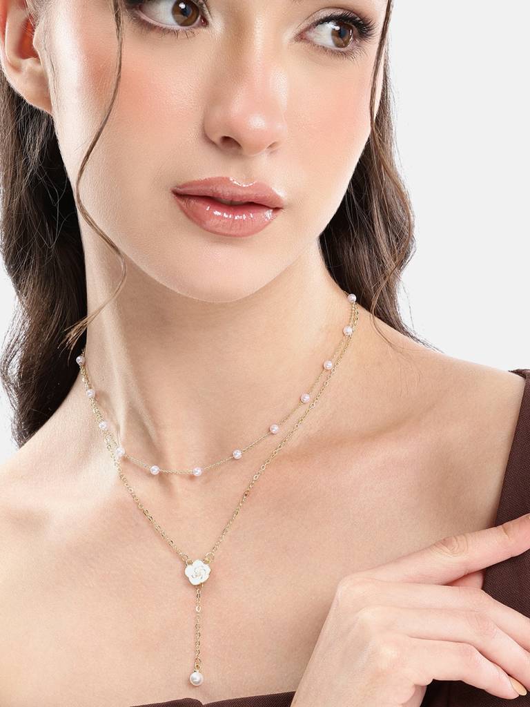 Gold Plated Pearl And Floral Lariat Layered Necklace : FJN5487