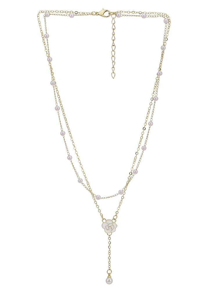Gold Plated Pearl And Floral Lariat Layered Necklace : FJN5487