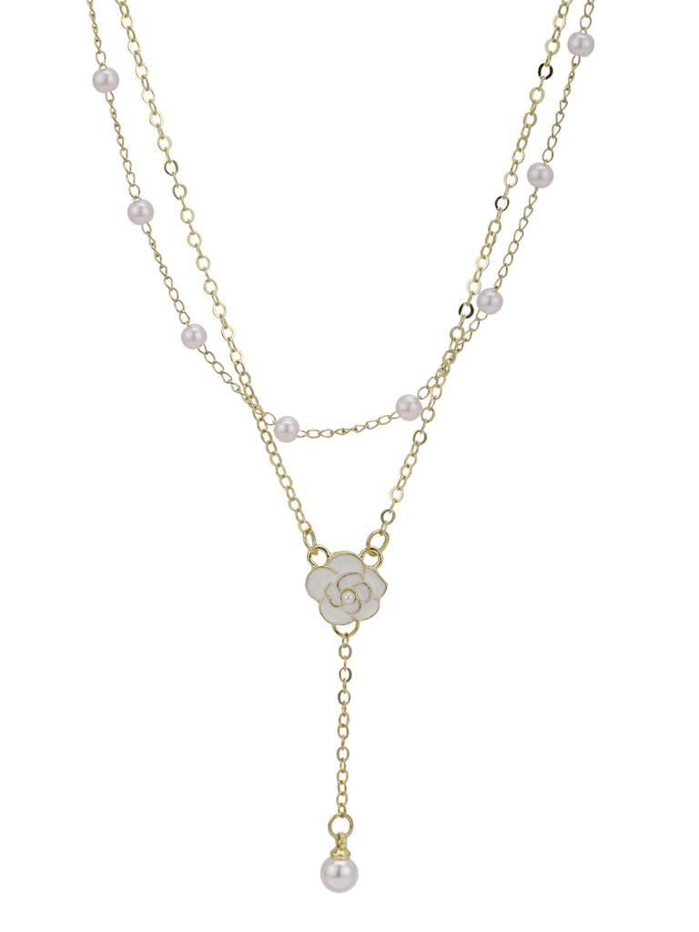 Gold Plated Pearl And Floral Lariat Layered Necklace : FJN5487