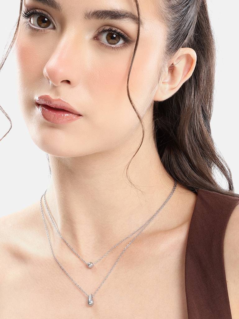 Silver Plated Water Drop Layered Necklace : FJN5489