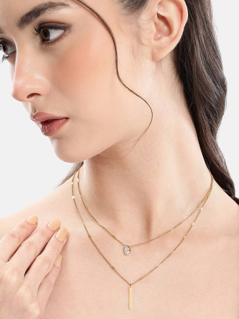 Gold Plated Cz And Bar Layered Necklace : FJN5497