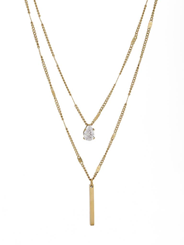 Gold Plated Cz And Bar Layered Necklace : FJN5497