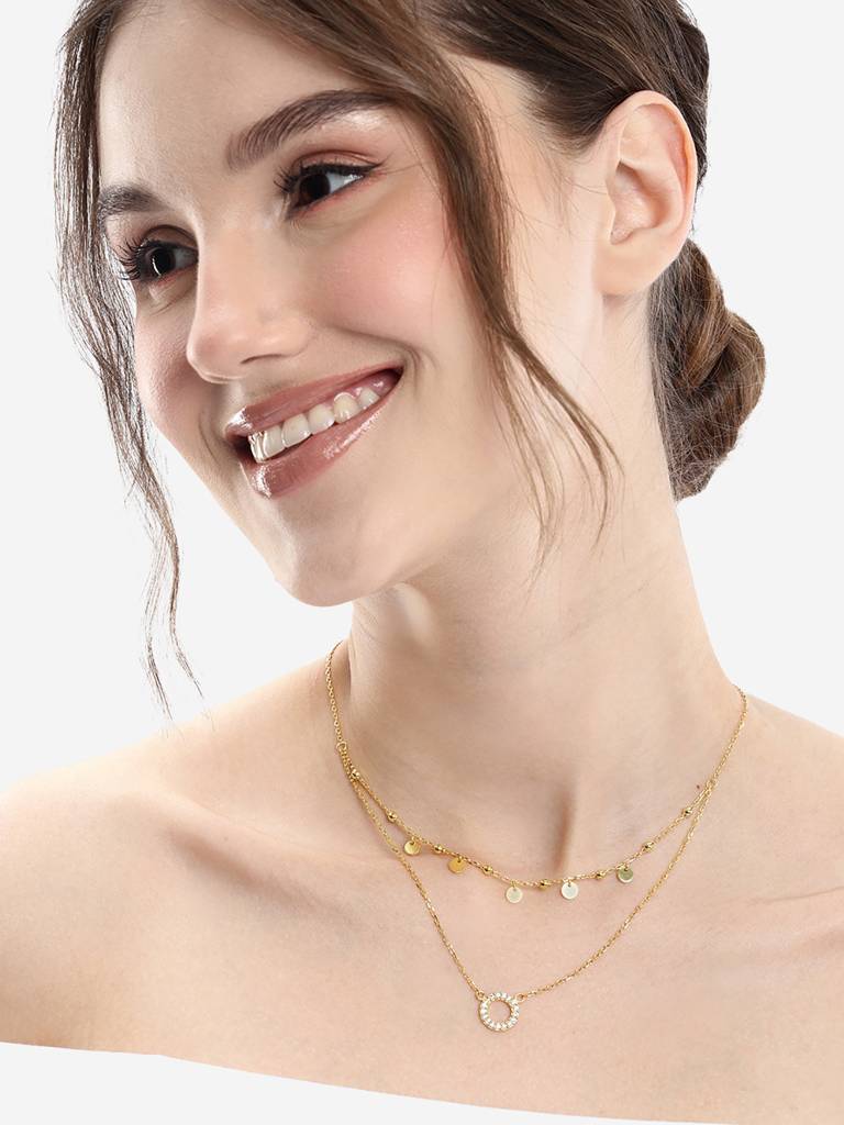 18Kt Gold Plated Cz Circular Pendant Layered Necklace : FJN5500