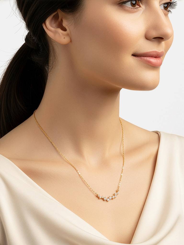 Gold Plated Cz Studded Curved Bar Pendant Necklace : FJN5505