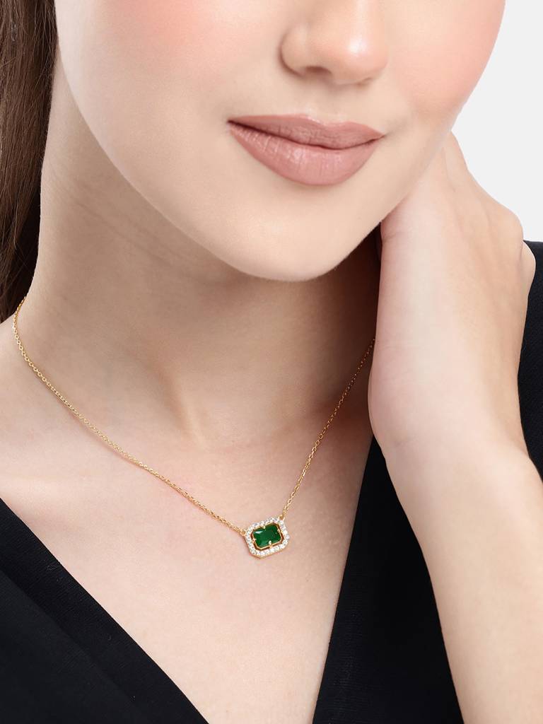 18Kt Gold Plated Cz Green Stone Pendant And Chain Necklace : FJN5530