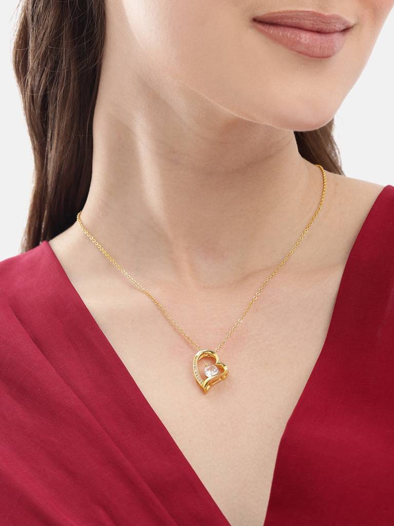 Gold Plated Cz Solitaite Heart Pendant And Chain : FJN5627