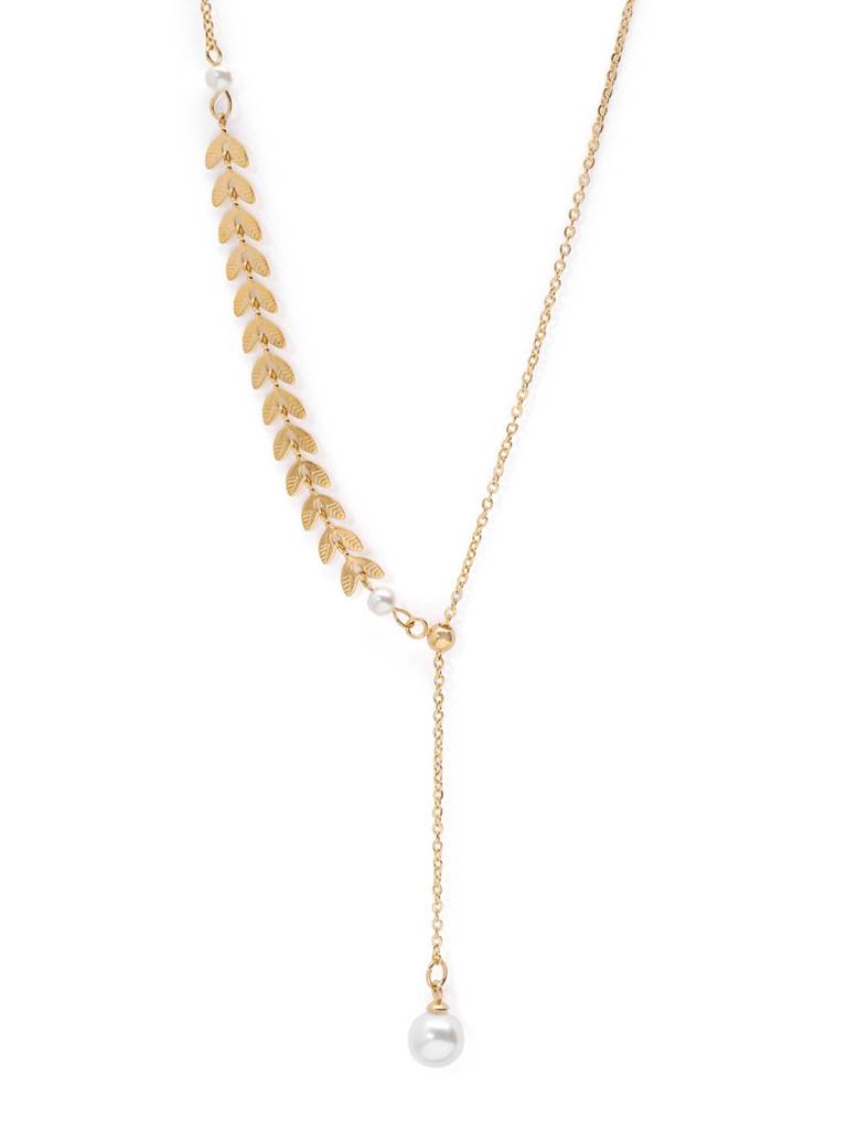 Gold Plated Dangling Pearl Leaf Necklace : FJN5628