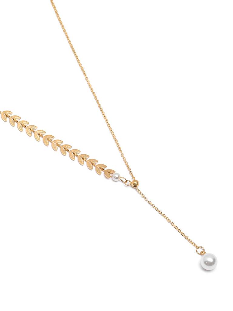 Gold Plated Dangling Pearl Leaf Necklace : FJN5628