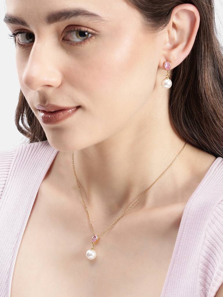 18Kt Gold Plated Cz Pearl Necklace And Drop Earring Set : FJS5566