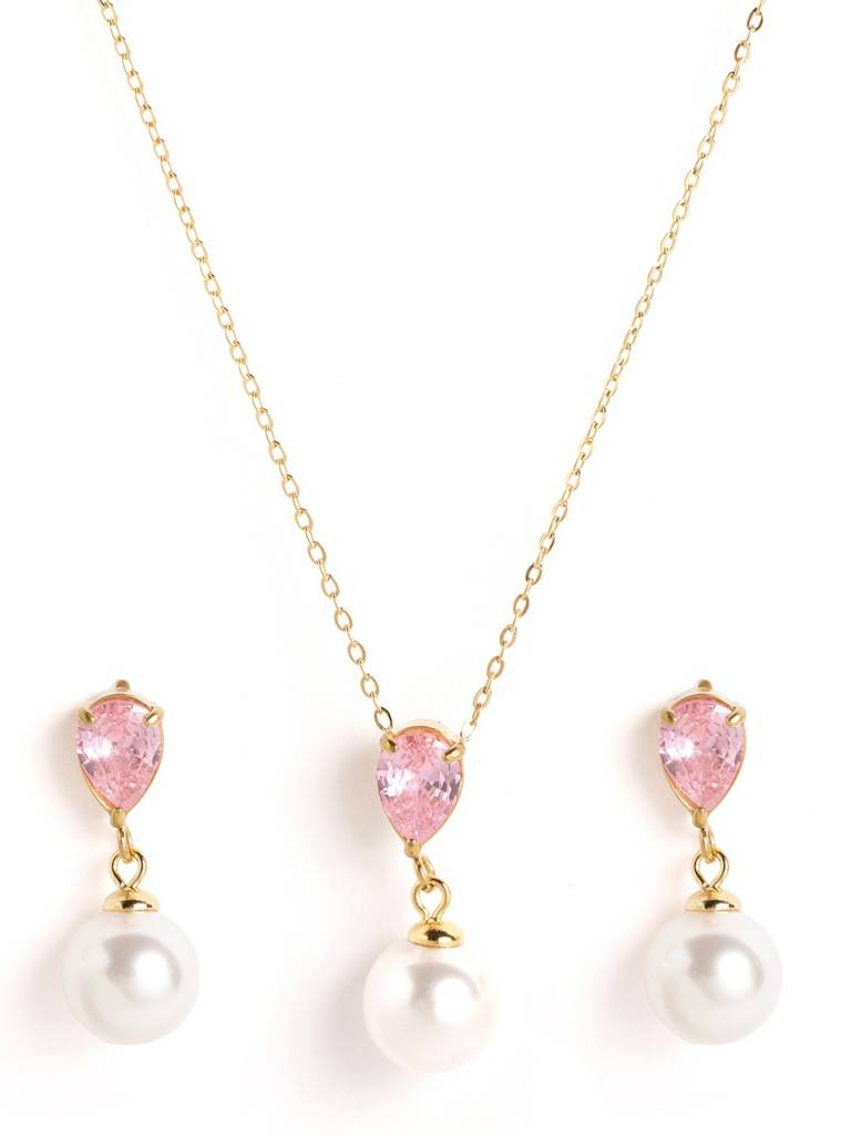 18Kt Gold Plated Cz Pearl Necklace And Drop Earring Set : FJS5566