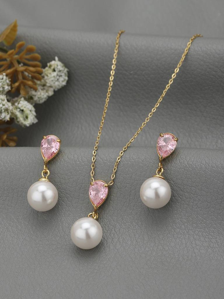 18Kt Gold Plated Cz Pearl Necklace And Drop Earring Set : FJS5566
